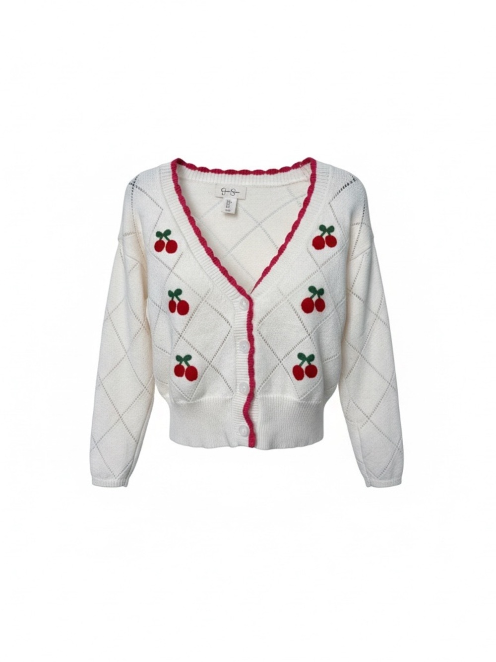 Jessica Simpson Cherry Cardigan M Cream Red Coquette Retro Pointelle Sweater
